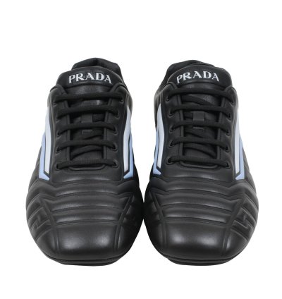 Rev Sneakers Black Padded Leather Blue Stripe Soccer Low Top