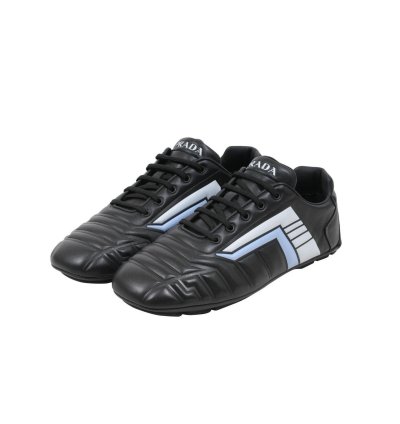 Rev Sneakers Black Padded Leather Blue Stripe Soccer Low Top