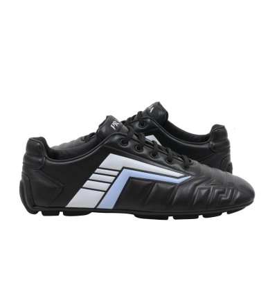 Rev Sneakers Black Padded Leather Blue Stripe Soccer Low Top