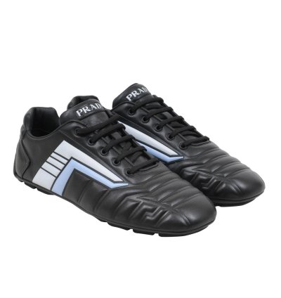 Rev Sneakers Black Padded Leather Blue Stripe Soccer Low Top