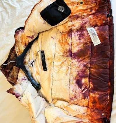 Supreme Stone Island Painted Camo Crinkle Down Jacket Coral