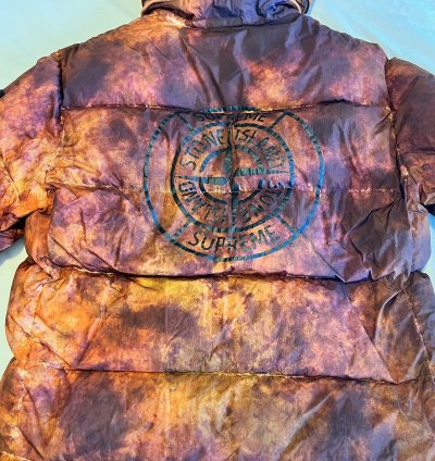 Supreme Stone Island Painted Camo Crinkle Down Jacket Coral