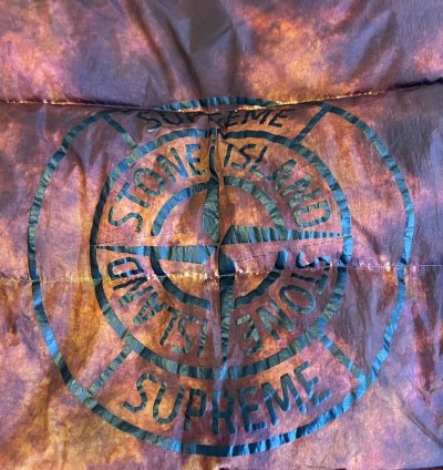 Supreme Stone Island Painted Camo Crinkle Down Jacket Coral
