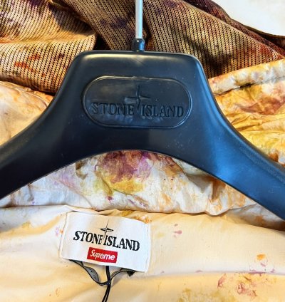 Supreme Stone Island Painted Camo Crinkle Down Jacket Coral