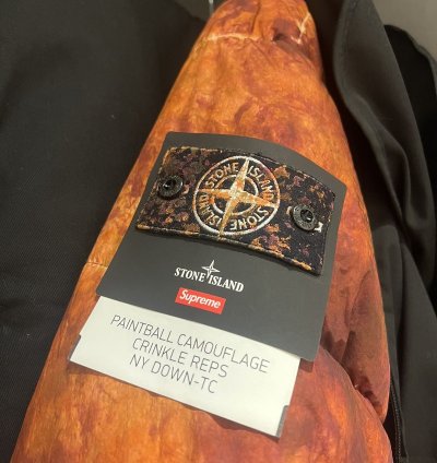 Supreme Stone Island Painted Camo Crinkle Down Jacket Coral