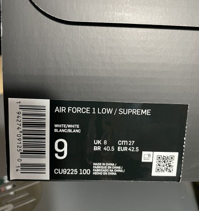 Supreme Air Force 1 Low White Size 9