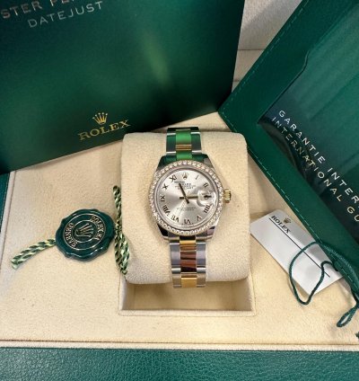 Rolex Lady-datejust New 2023 Silver Roman Dial Diamond Bezel Two Tone Yellow Gold Oyster