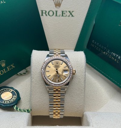 Rolex Lady-datejust New 2024 Champagne Index Dial Diamond Bezel Two Tone Yellow Gold Jubilee