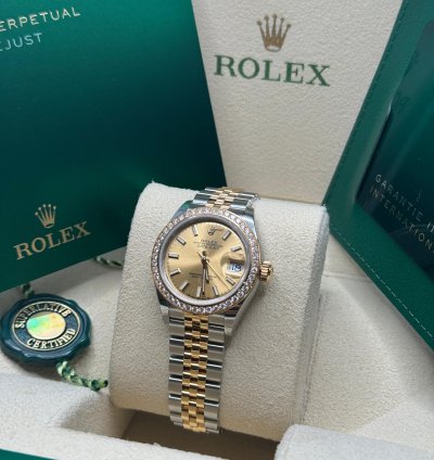 Rolex Lady-datejust New 2024 Champagne Index Dial Diamond Bezel Two Tone Yellow Gold Jubilee