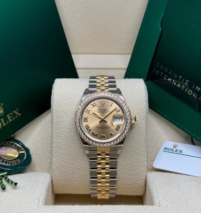 Rolex Lady-datejust New 2024 Champagne Roman Dial Diamond Bezel Two Tone Yellow Gold Jubilee
