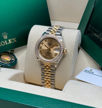 Rolex Lady-datejust New 2024 Champagne Roman Dial Diamond Bezel Two Tone Yellow Gold Jubilee