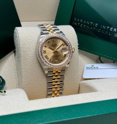 Rolex Lady-datejust New 2024 Champagne Roman Dial Diamond Bezel Two Tone Yellow Gold Jubilee