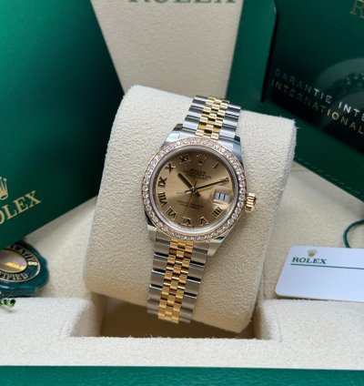 Rolex Lady-datejust New 2024 Champagne Roman Dial Diamond Bezel Two Tone Yellow Gold Jubilee