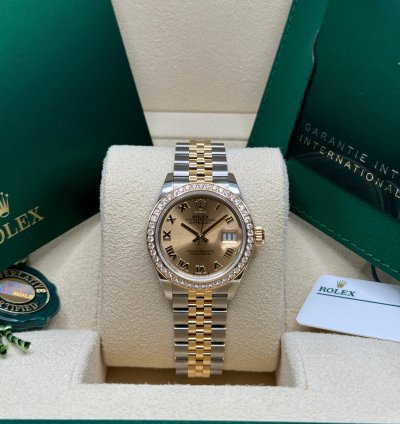 Rolex Lady-datejust New 2024 Champagne Roman Dial Diamond Bezel Two Tone Yellow Gold Jubilee