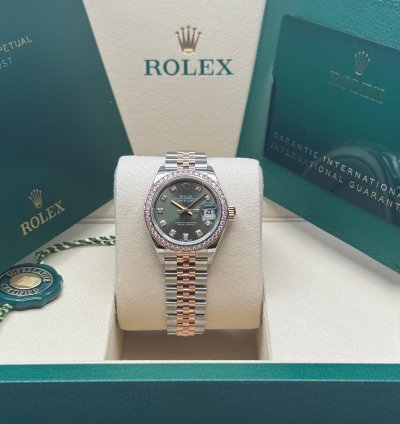 Rolex Lady-datejust New 2025 Olive Green Diamond Dial Diamond Bezel Two Tone Jubilee Rose Gold