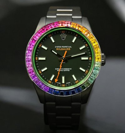 Rolex Milgauss 40mm - Black Rainbow - Oyster Custom Diamond Bezel - Iced Out