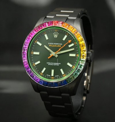 Rolex Milgauss 40mm - Black Rainbow - Oyster Custom Diamond Bezel - Iced Out