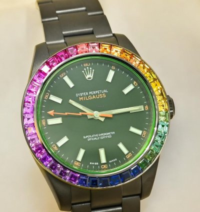 Rolex Milgauss 40mm - Black Rainbow - Oyster Custom Diamond Bezel - Iced Out