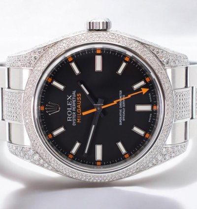 Rolex Milgauss Diamonds Black Dial - Custom Diamond Set pav Bezel - Iced Out