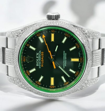 Rolex Milgauss Diamonds Gv Black Dial - Custom Diamond Set pav Bezel - Iced Out