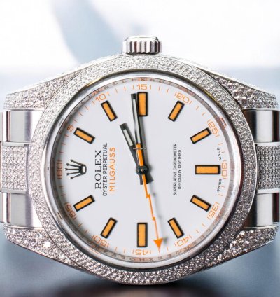 Rolex Milgauss Diamonds White Dial - Custom Diamond Set pav Bezel - Iced Out