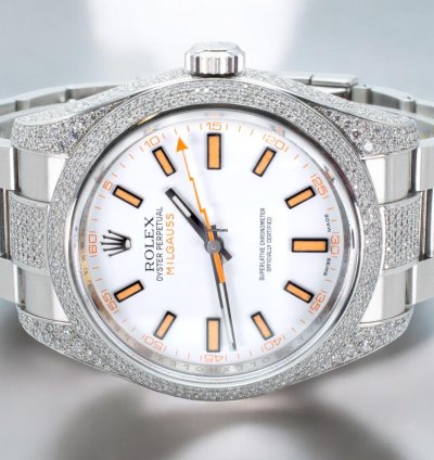 Rolex Milgauss Diamonds White Dial - Custom Diamond Set pav Bezel - Iced Out