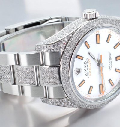 Rolex Milgauss Diamonds White Dial - Custom Diamond Set pav Bezel - Iced Out