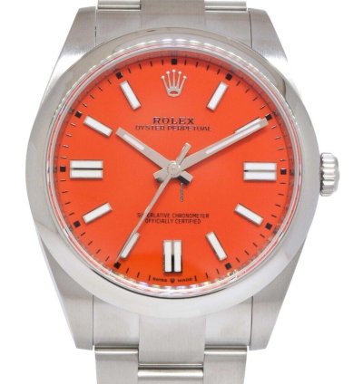 Rolex Oyster Perpetual 41 Steel Coral Red Dial Mens Watch Box Papers 21 124300
