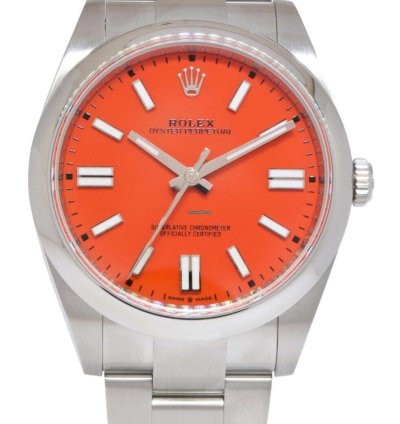 Rolex Oyster Perpetual 41 Steel Coral Red Dial Mens Watch Box Papers 21 124300