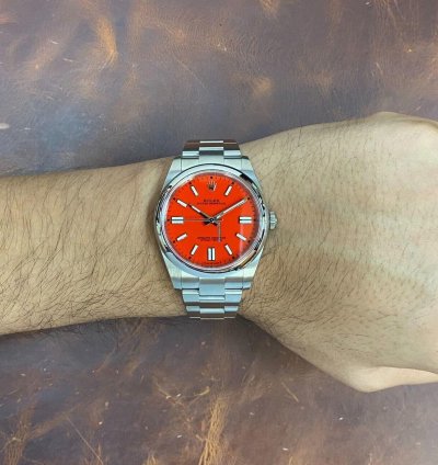 Rolex Oyster Perpetual 41 Steel Coral Red Dial Mens Watch Box Papers 21 124300