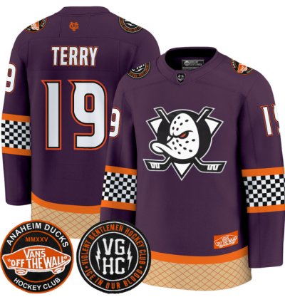Troy Terry Jersey 19 Anaheim Ducks Checkerboard 2025 Premium Stitched Purple