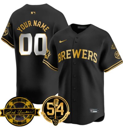 Custom Milwaukee Brewers Jersey 2025 Bob Uecker 54 Seasons For Brewers Stitched Black Gold