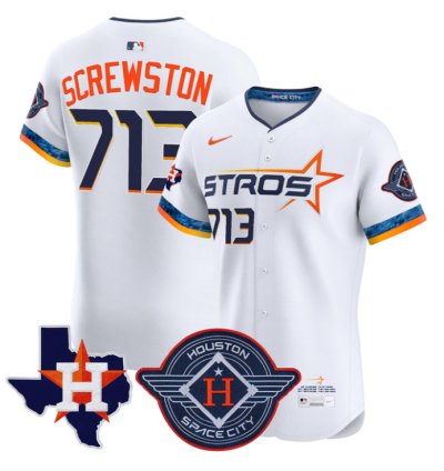 Screwston Jersey 713 Houston Astros 2025 City Connect Texas Patch Premier Elite Stitched White