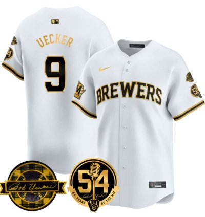 Bob Uecker Jersey 9 Milwaukee Brewers 2025 Bob Uecker 54 Seasons For Brewers Stitched White Gold