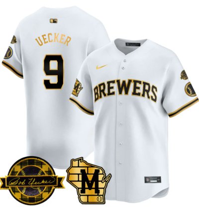 Bob Uecker Jersey 9 Milwaukee Brewers 2025 Limited Bob Uecker Patch Stitched White Gold