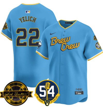Christian Yelich Jersey 22 Milwaukee Brewers 2025 Bob Uecker 54 Seasons For Brewers Stitched City Connect