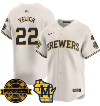 Christian Yelich Jersey 22 Milwaukee Brewers 2025 Limited Bob Uecker Patch Stitched Cream