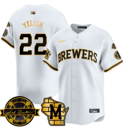 Christian Yelich Jersey 22 Milwaukee Brewers 2025 Limited Bob Uecker Patch Stitched White Gold