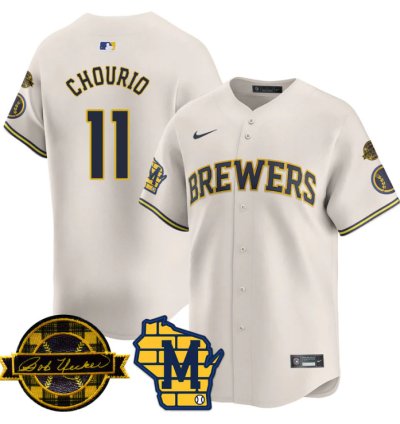 Jackson Chourio Jersey 11 Milwaukee Brewers 2025 Limited Bob Uecker Patch Stitched Cream