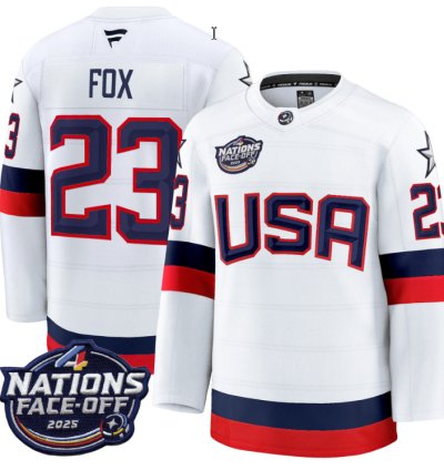 Mens Adam Fox Jersey 23 Usa White 2025 4 Nations Face-off Stitched