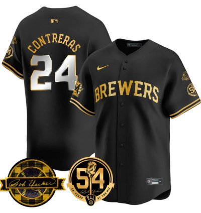 William Contreras Jersey 24 Milwaukee Brewers 2025 Bob Uecker 54 Seasons For Brewers Stitched Black Gold