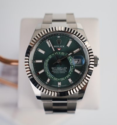 Rolex Sky-dweller 42mm Fluted Bezel White Gold Mint Green Index Dial Oyster Bracelet 336934