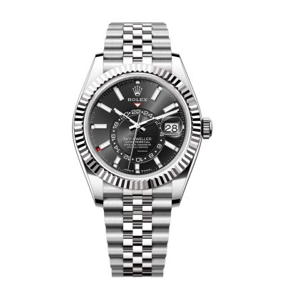 Rolex Sky-dweller 42mm Stainless Steel Black Dial 18k Fluted Bezel Jubilee Bracelet
