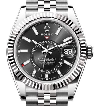 Rolex Sky-dweller 42mm Stainless Steel Black Dial 18k Fluted Bezel Jubilee Bracelet
