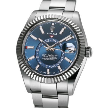 Rolex Sky-dweller 42mm Stainless Steel Blue Dial 18k Fluted Bezel Oyster Bracelet