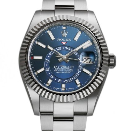 Rolex Sky-dweller 42mm Stainless Steel Blue Dial 18k Fluted Bezel Oyster Bracelet