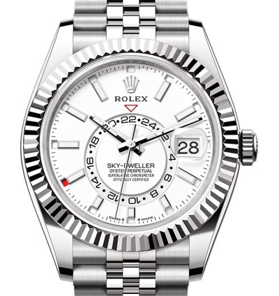 Rolex Sky-dweller 42mm Stainless Steel White Dial 18k Fluted Bezel Jubilee Bracelet