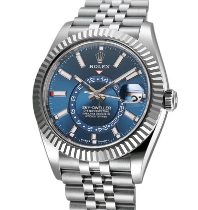 Rolex Sky-dweller 42mm Steel Blue Dial 18k Fluted Bezel Jubilee Bracelet