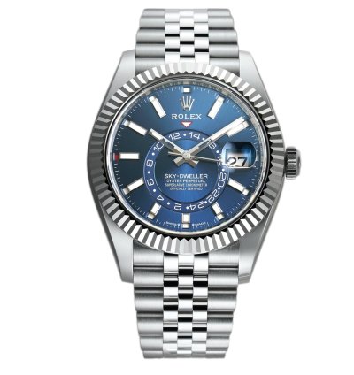 Rolex Sky-dweller 42mm Steel Blue Dial 18k Fluted Bezel Jubilee Bracelet