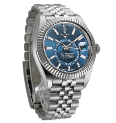 Rolex Sky-dweller 42mm Steel Blue Dial 18k Fluted Bezel Jubilee Bracelet